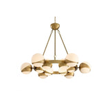 Piazetta Mid-Century Modern Chandelier, Antique Brass & White Globe Shades