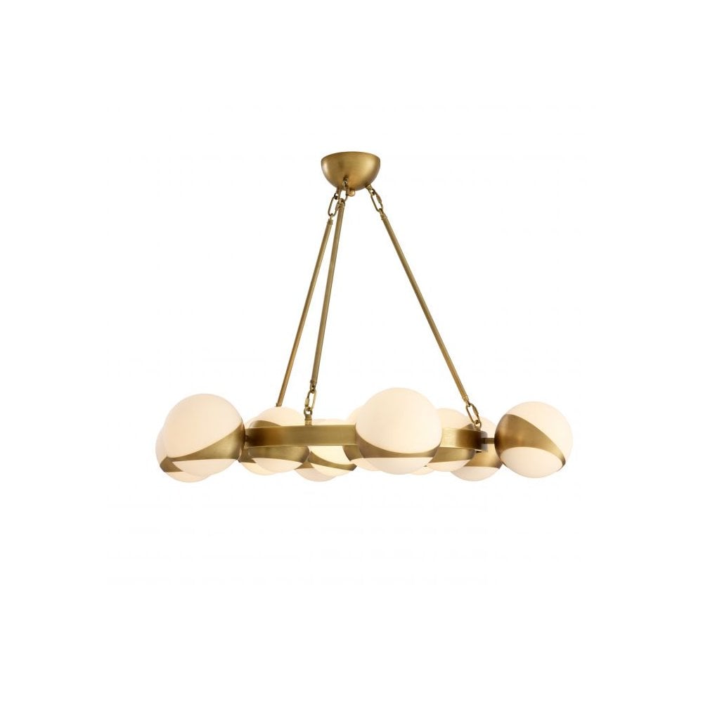 Piazetta Mid-Century Modern Chandelier, Antique Brass & White Globe Shades