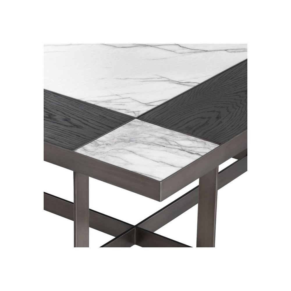 Hermoza Coffee Table: Bianco Lilac Marble and Mocha Oak Veneer with Bronze Finish