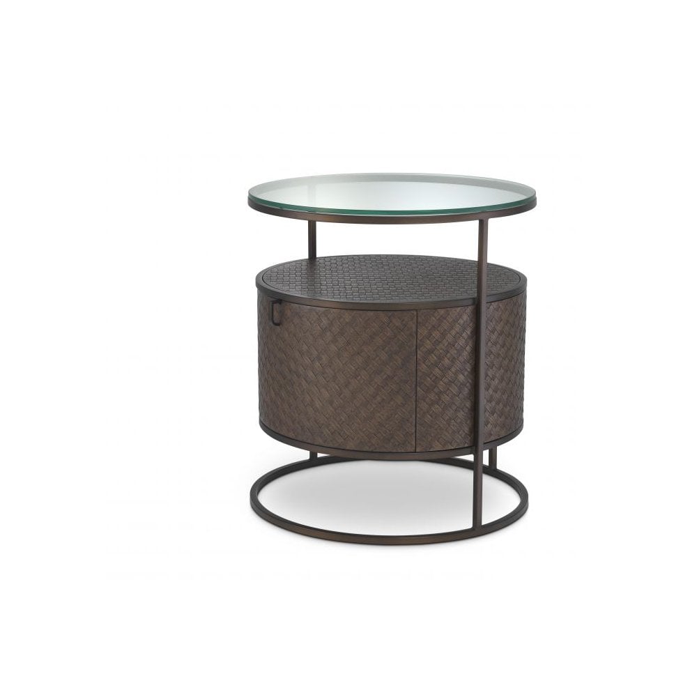 Napa Valley Bedside Table: Woven Oak, Bronze Details & Glass Top