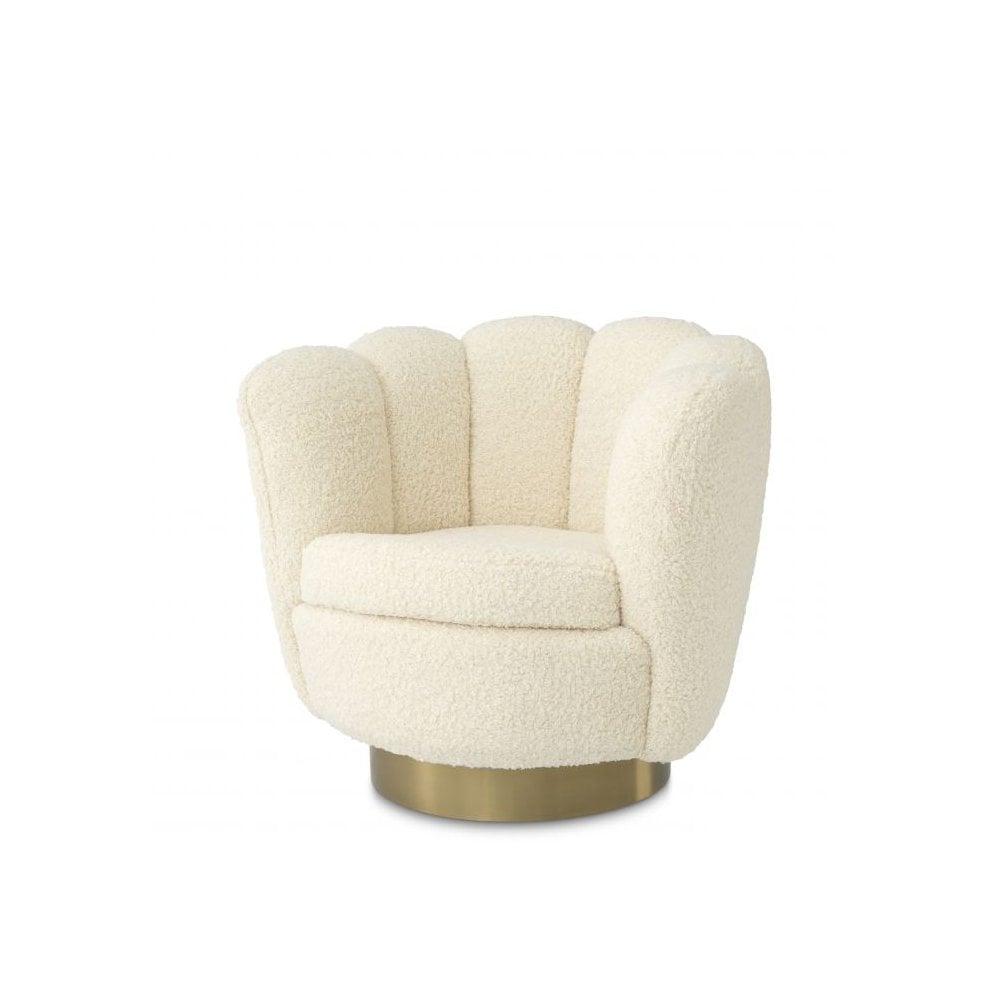 Elegant Mirage Swivel Chair in Faux Shearling with Brushed Brass Base