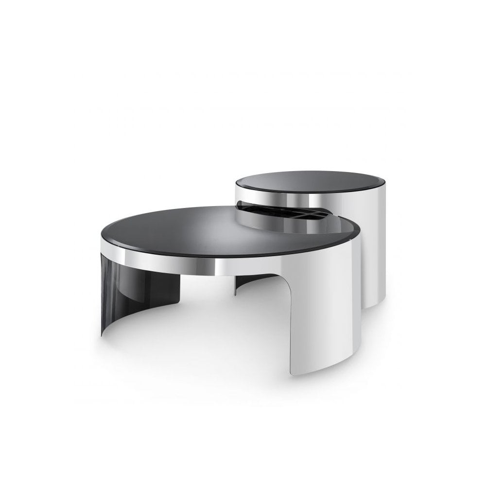 Piemonte Nesting Coffee Table Duo, Polished Steel with Black Bevelled Glass