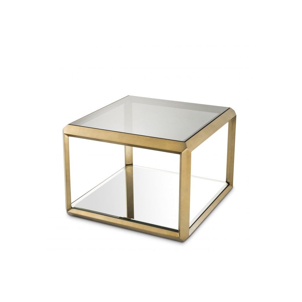 Callum Side Table: Brushed Brass with Smoke and Mirror Glass Elements