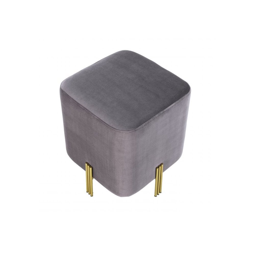 Savona Grey Velvet Cube Ottoman with Brushed Brass Legs