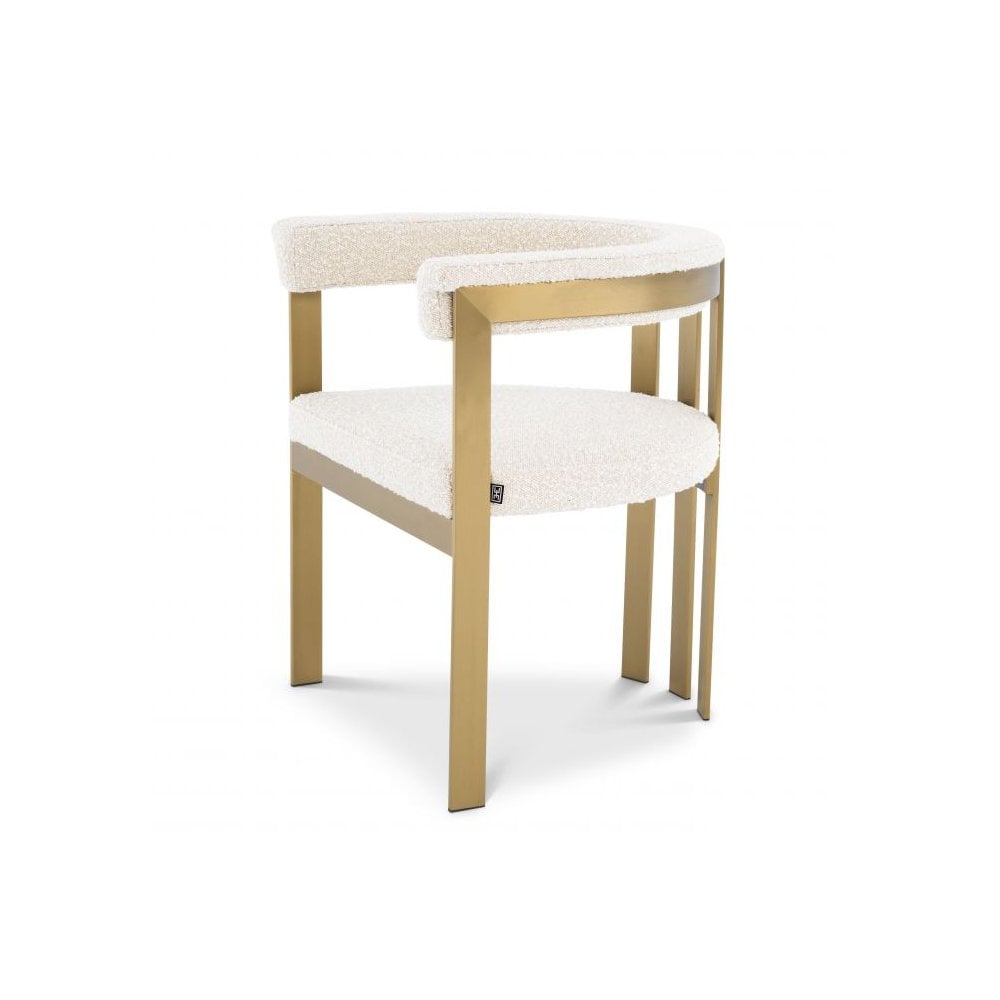 Contemporary Clubhouse Dining Chair in Bouclé Cream with Brushed Brass Frame