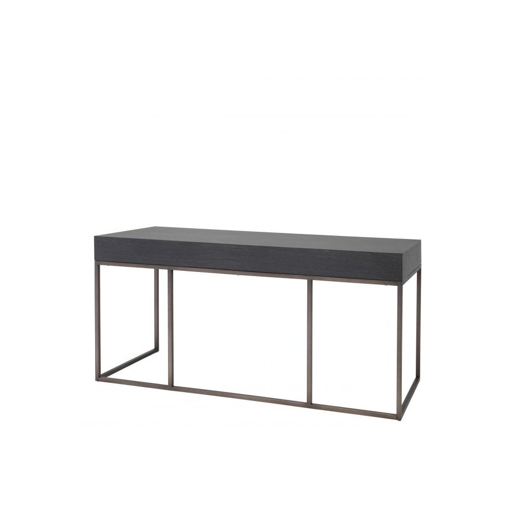 Larsen Modern Desk in Charcoal Grey Oak with Bronze Accents and Faux-Leather Detailing