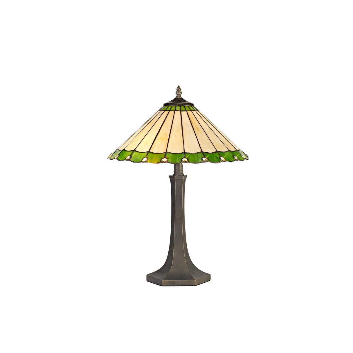 Elegant Octagonal Tiffany Table Lamp with Green and Cream Crystal Shade, Antique Brass Finish