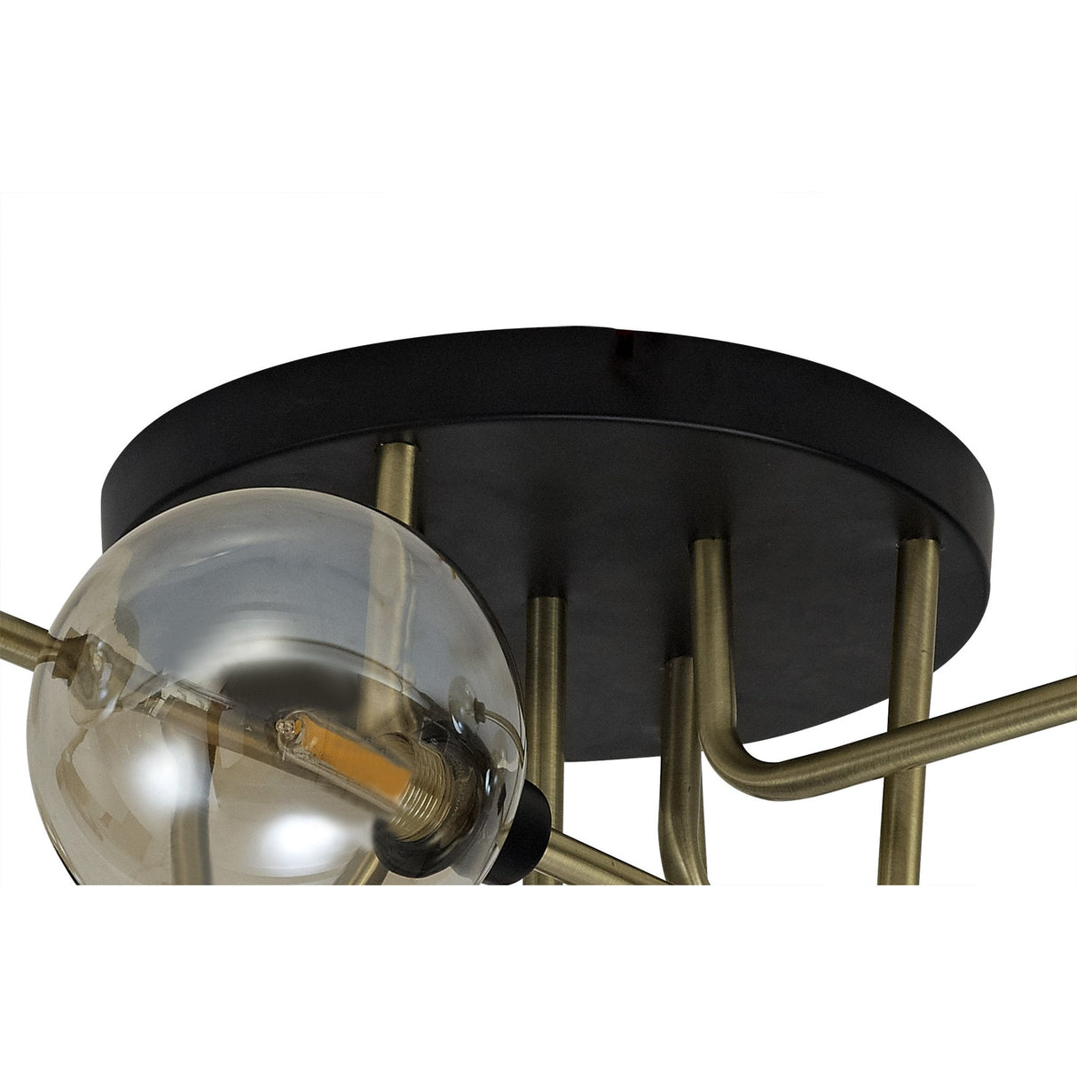 Contemporary Elegance: 9-Light G9 Flush Ceiling Fixture in Matt Black, Antique Brass & Cognac Glass