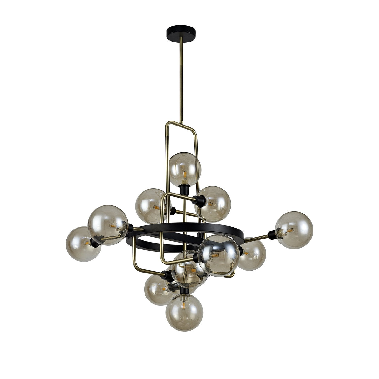 Chic Modern Pendant, 12-Light, Black/Brass with Cognac Glass