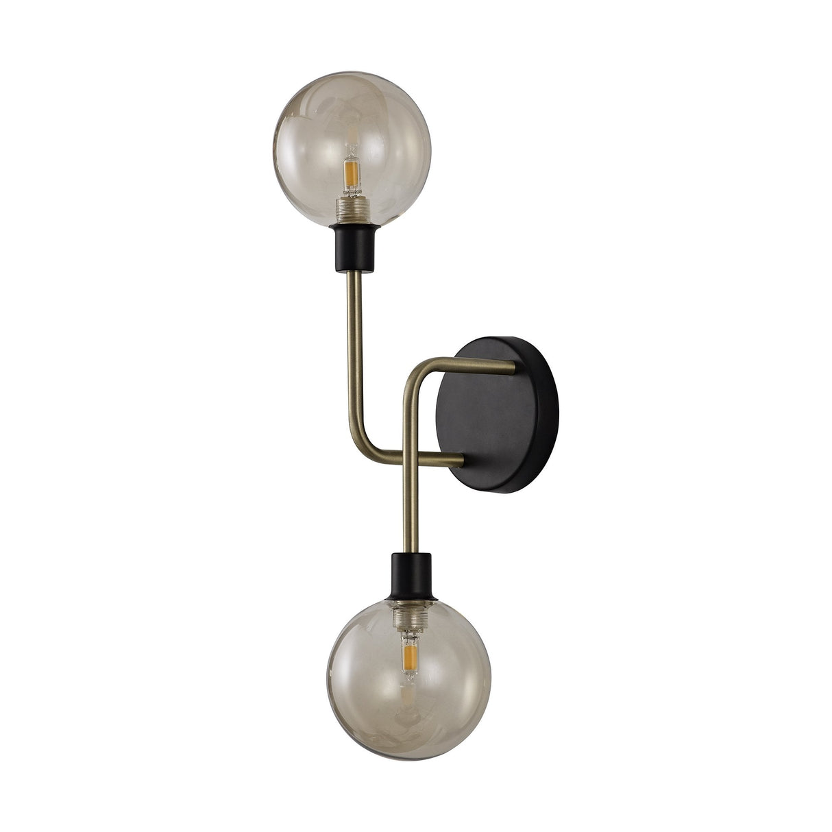 Dual Light Wall Sconce with Matte Black and Antique Brass Finish, Cognac Glass Shades