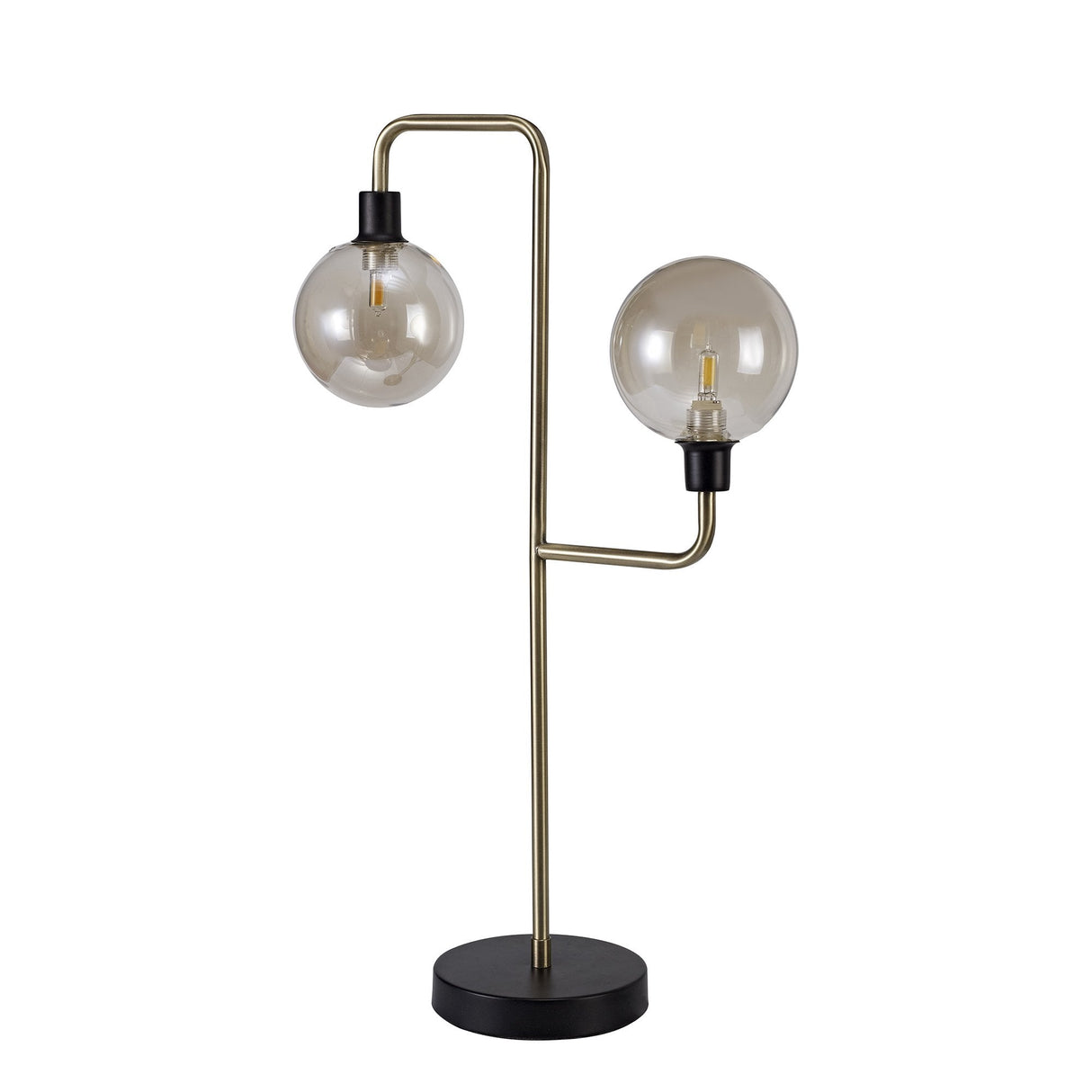 Modern Elegance Dual-Light Table Lamp in Matte Black and Antique Brass with Cognac Glass Shades