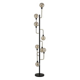 Elegant 8-Light Floor Lamp, Matt Black with Antique Brass and Cognac Glass