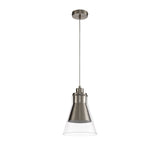 Contemporary Pendant Light, Satin Nickel Finish with Clear Glass Shade