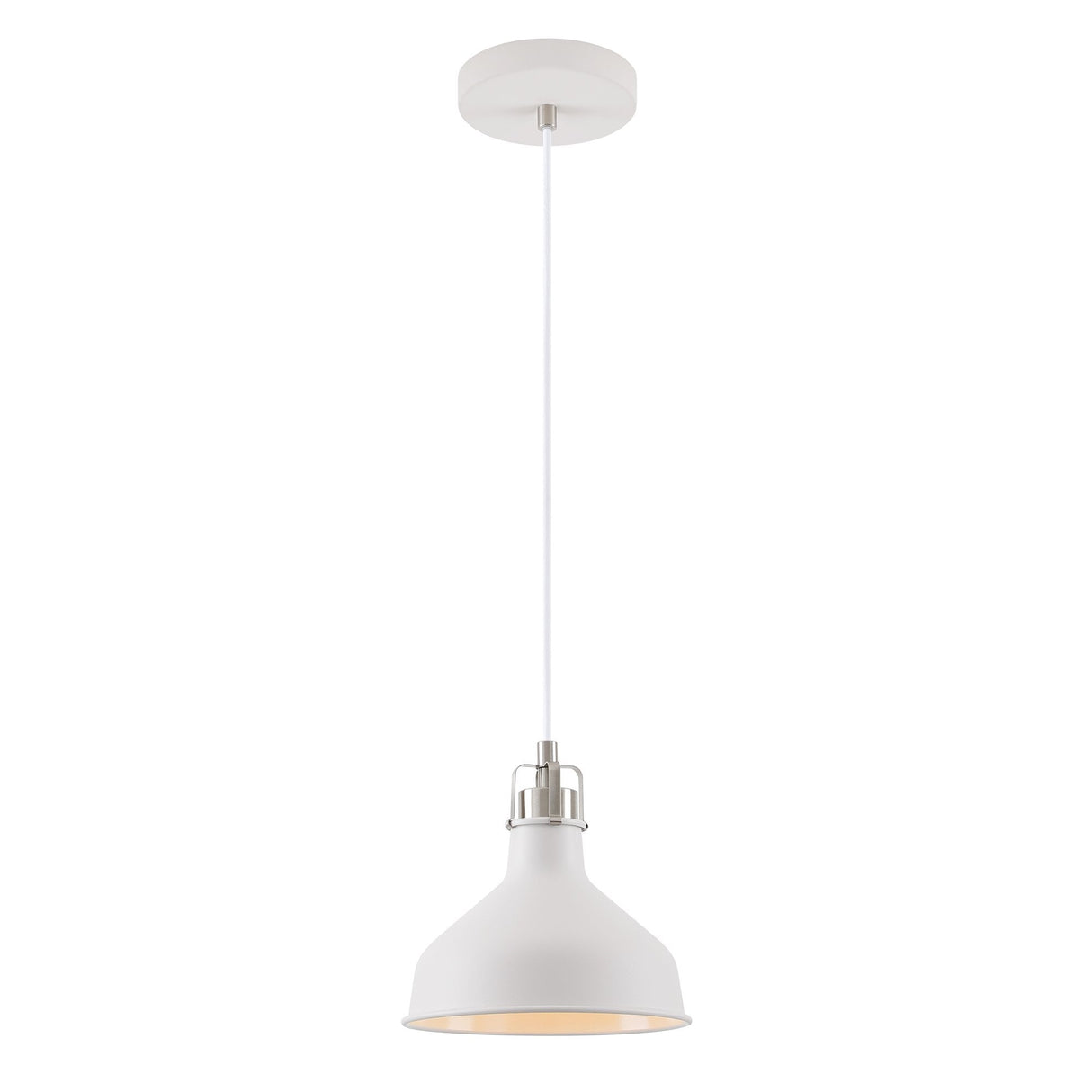 Modern Elegance: White and Satin Nickel Pendant Light, Adjustable Drop