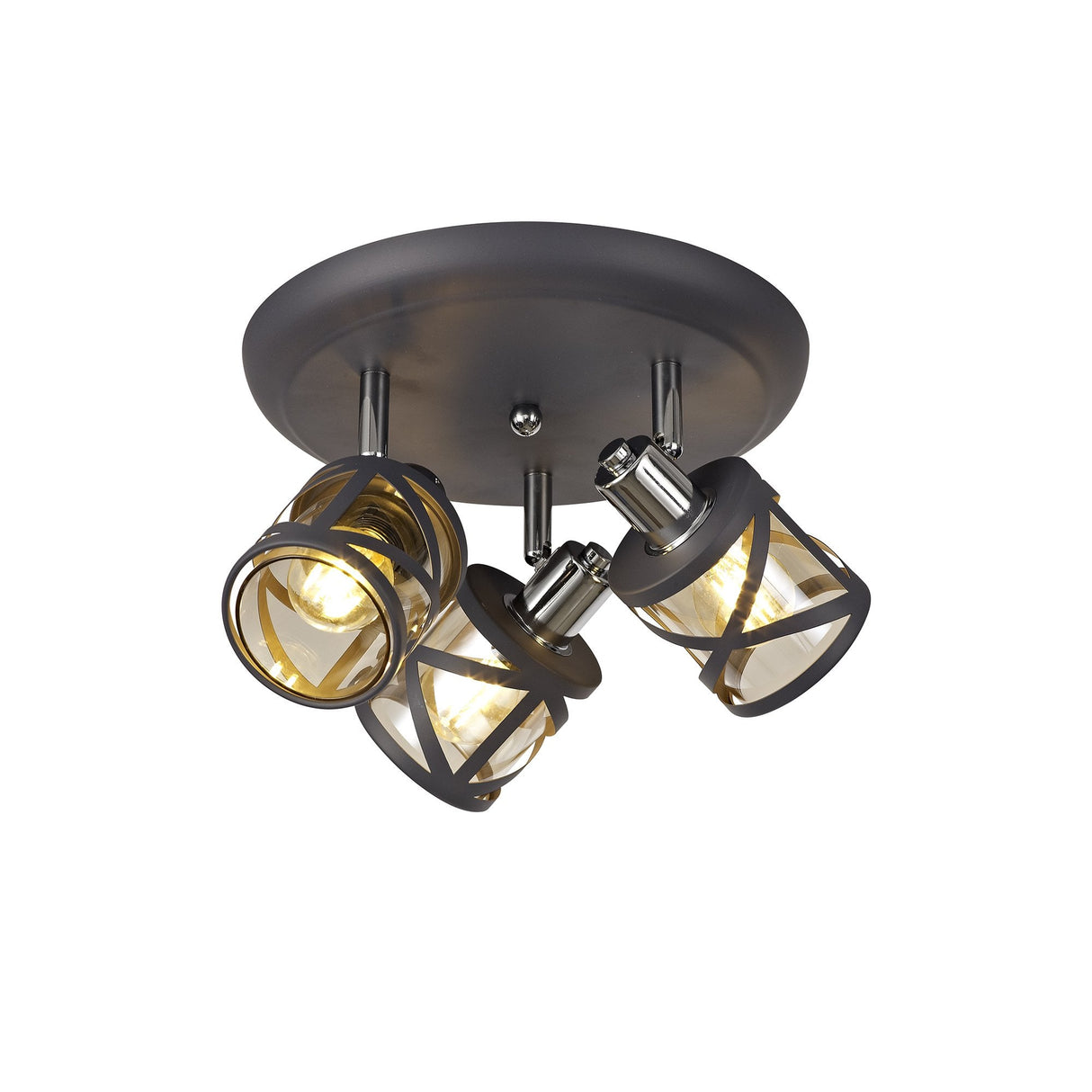 Triple Fixture Round Spotlight in Matte Grey and Polished Chrome with Cognac Shades