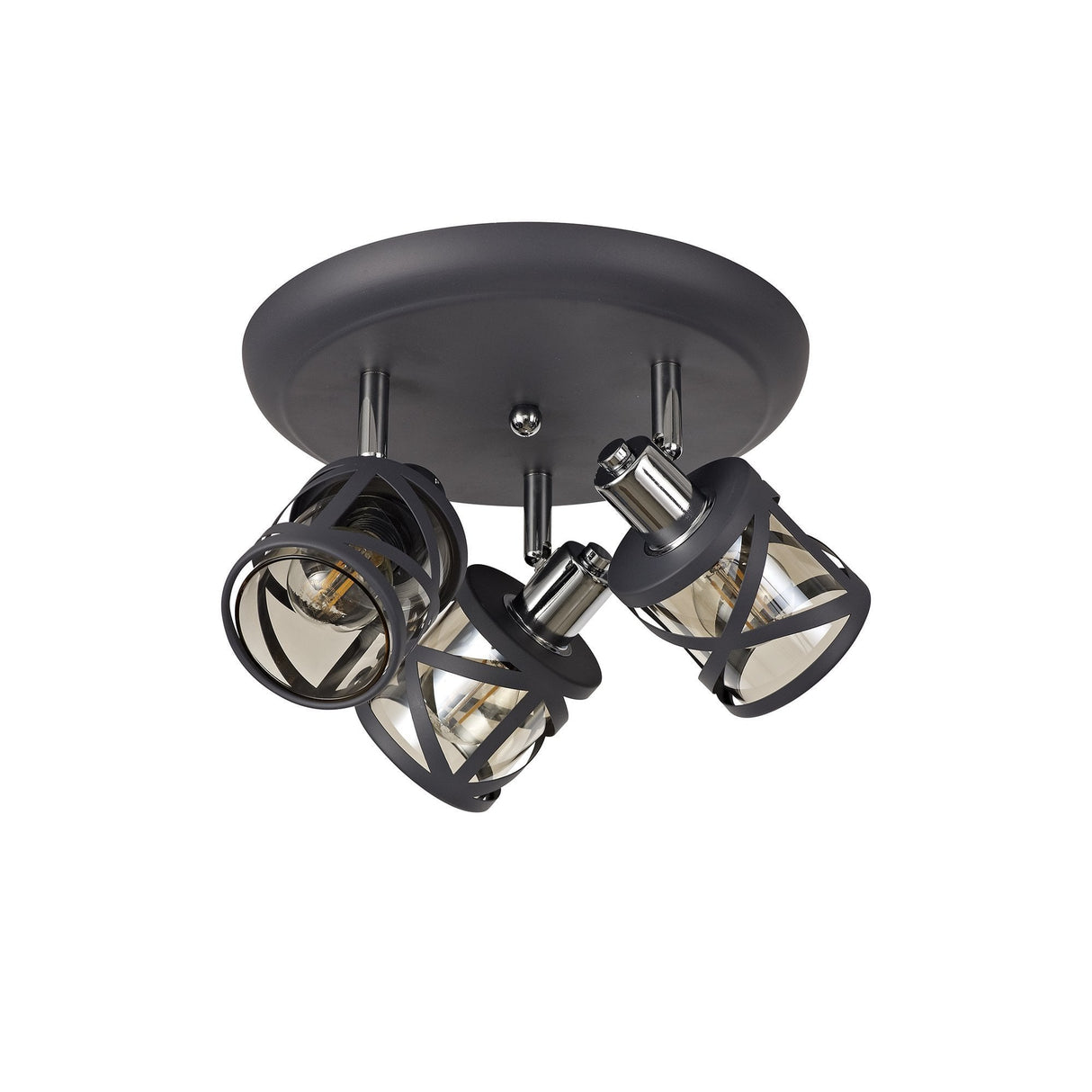 Triple Fixture Round Spotlight in Matte Grey and Polished Chrome with Cognac Shades