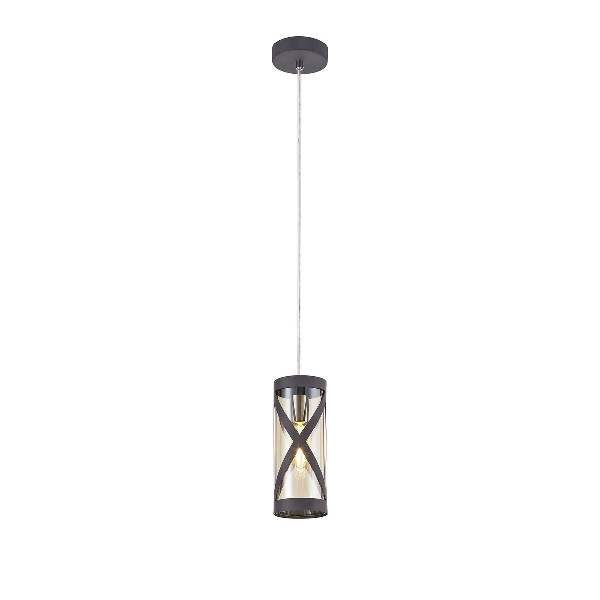 Contemporary Matt Grey and Chrome Pendant Light with Cognac Shade