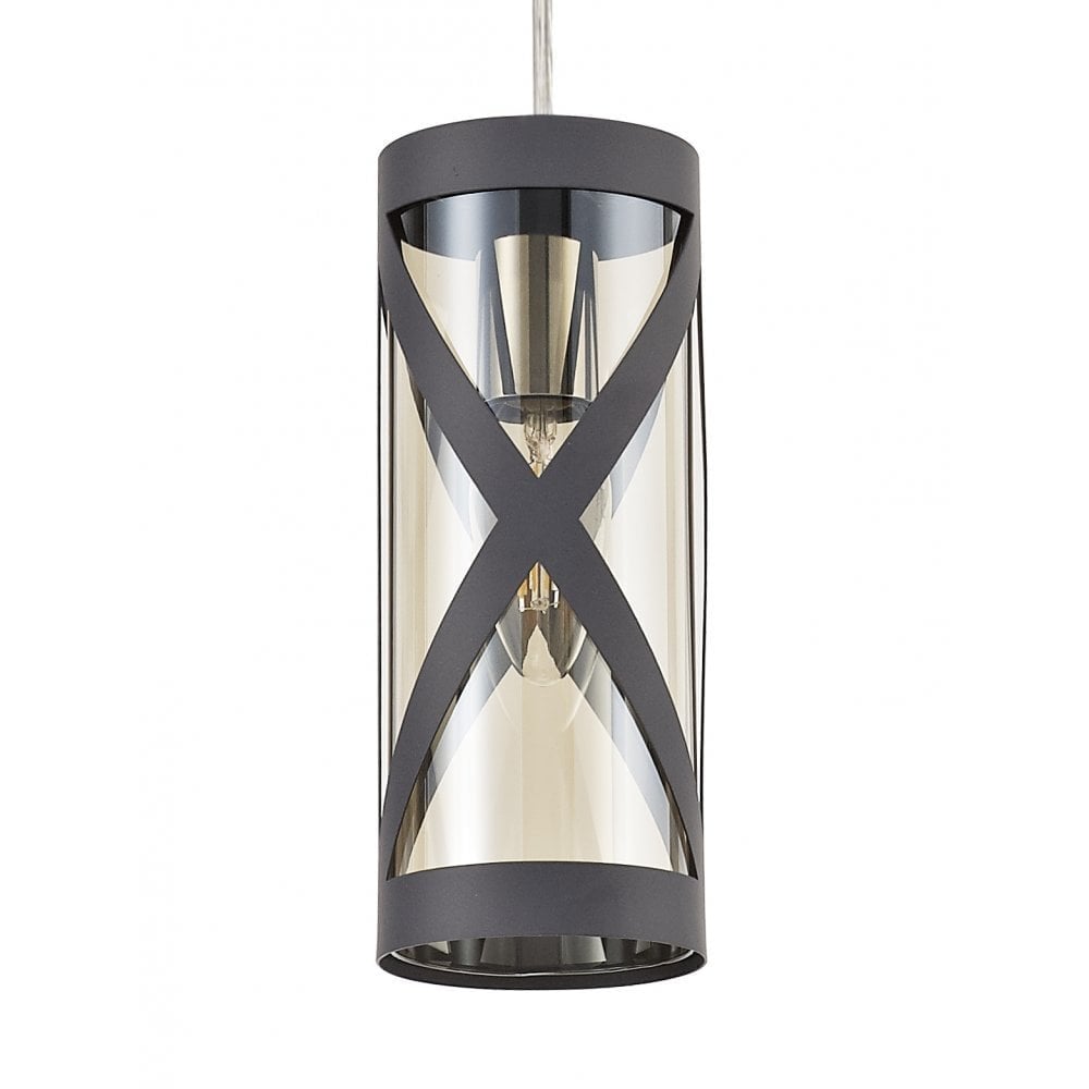 Contemporary Matt Grey and Chrome Pendant Light with Cognac Shade