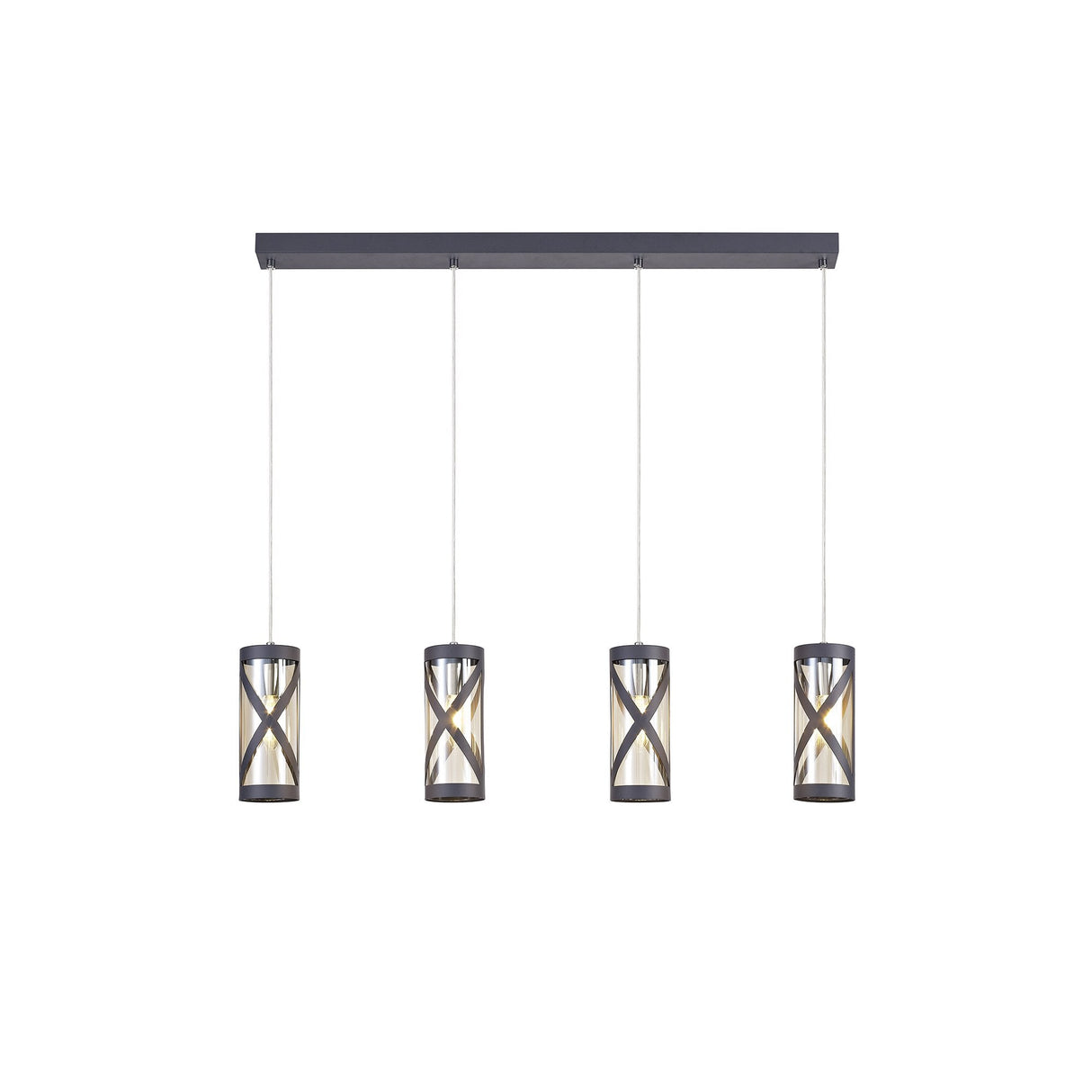 Contemporary 4-Light Linear Pendant in Grey and Chrome with Cognac Accents
