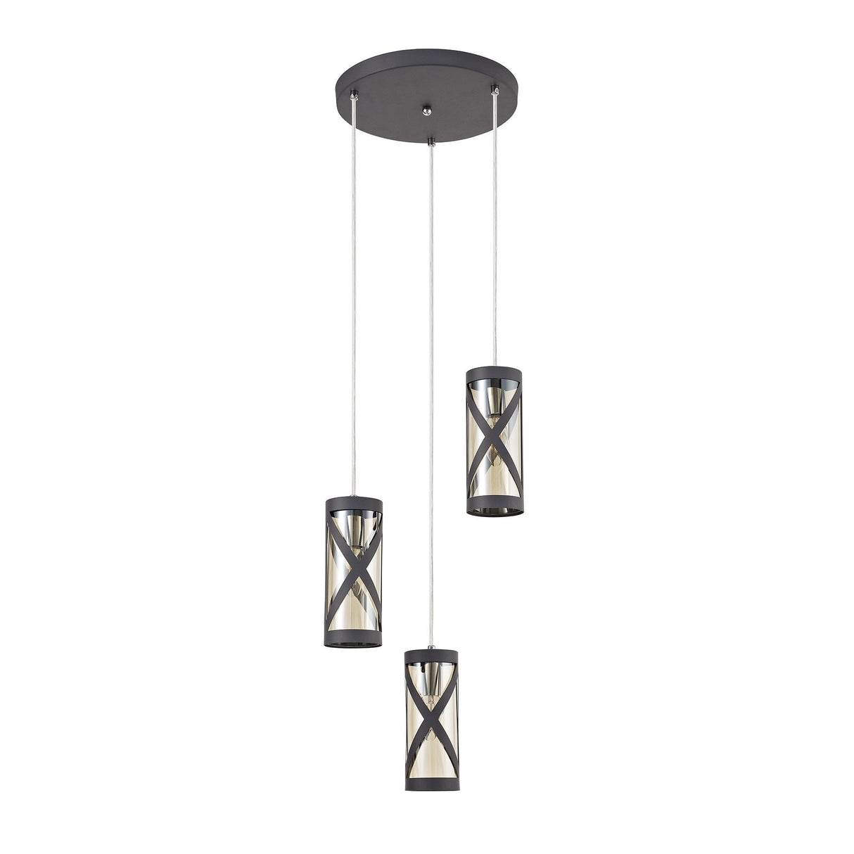 Elegant Trio Pendant Light in Matt Grey and Chrome with Cognac Shade