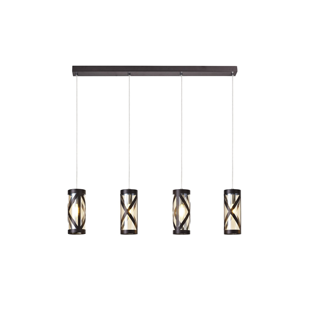 Elegant Quartet Linear Pendant in Oiled Bronze and Polished Chrome with Amber Glass Shades