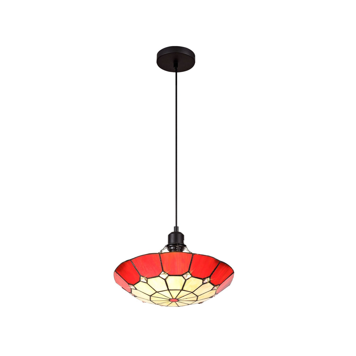 Elegant Red and Cream Tiffany Pendant Light with Antique Brass Accents and Crystal Detail
