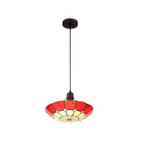 Elegant Red and Cream Tiffany Pendant Light with Antique Brass Accents and Crystal Detail