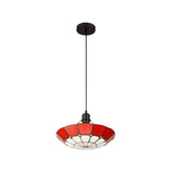 Elegant Red and Cream Tiffany Pendant Light with Antique Brass Accents and Crystal Detail