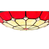 Elegant Red and Cream Tiffany Pendant Light with Antique Brass Accents and Crystal Detail
