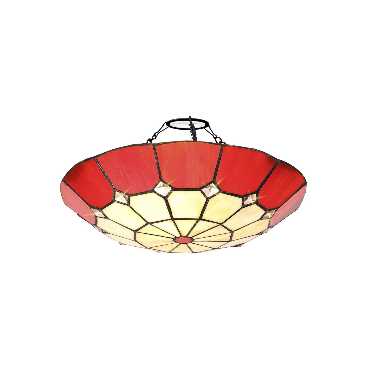 Elegant Red and Cream Tiffany Pendant Light with Antique Brass Accents and Crystal Detail