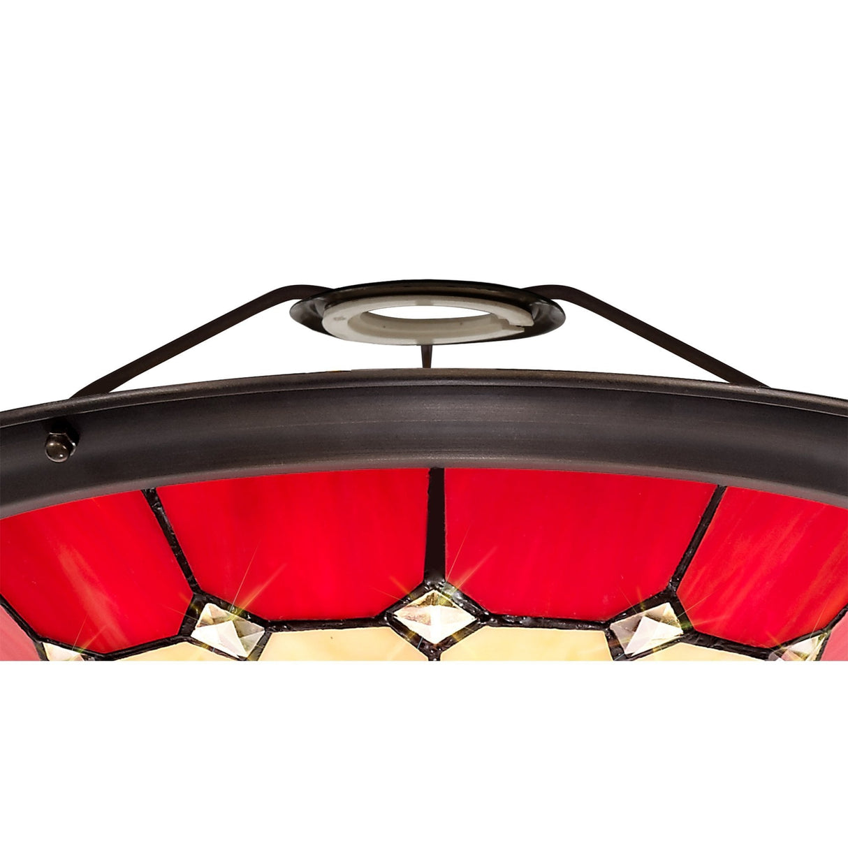 Elegant Red and Cream Tiffany Pendant Light with Antique Brass Accents and Crystal Detail