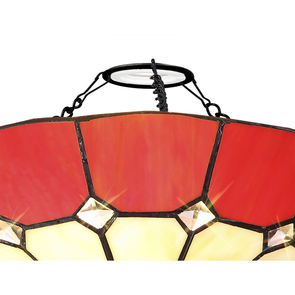 Elegant Red and Cream Tiffany Pendant Light with Antique Brass Accents and Crystal Detail