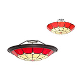 Elegant Red and Cream Tiffany Pendant Light with Antique Brass Accents and Crystal Detail