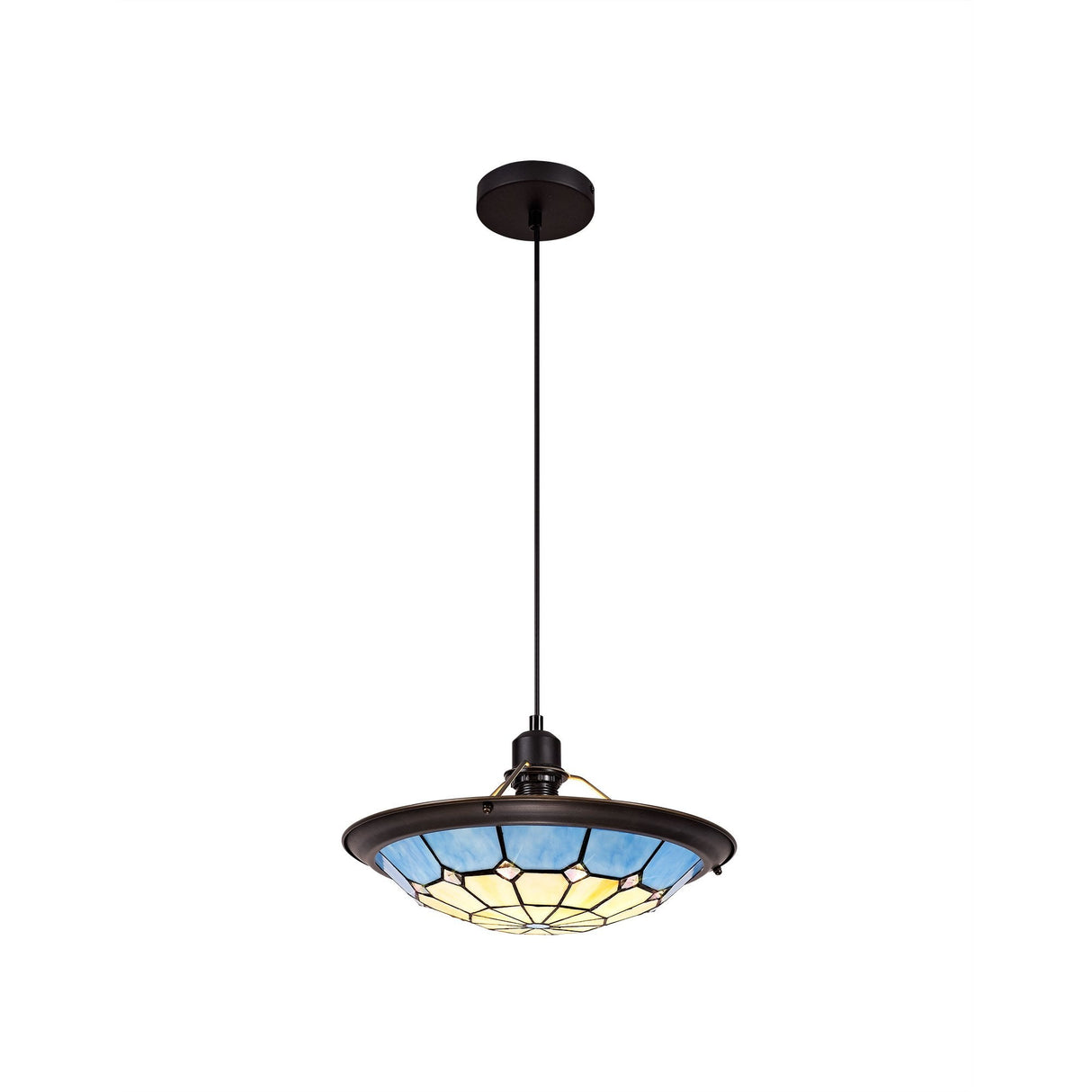 Tiffany Style Pendant Light with Rich Blue and Cream Shade, Antique Brass Trim, and Crystal Accent