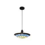 Tiffany Style Pendant Light with Rich Blue and Cream Shade, Antique Brass Trim, and Crystal Accent