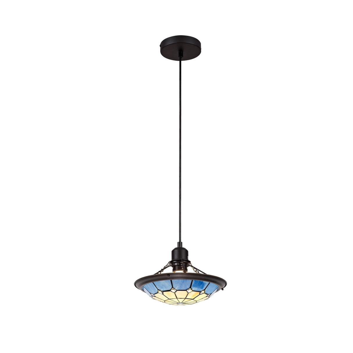 Tiffany Style Pendant Light with Rich Blue and Cream Shade, Antique Brass Trim, and Crystal Accent