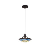 Tiffany Style Pendant Light with Rich Blue and Cream Shade, Antique Brass Trim, and Crystal Accent