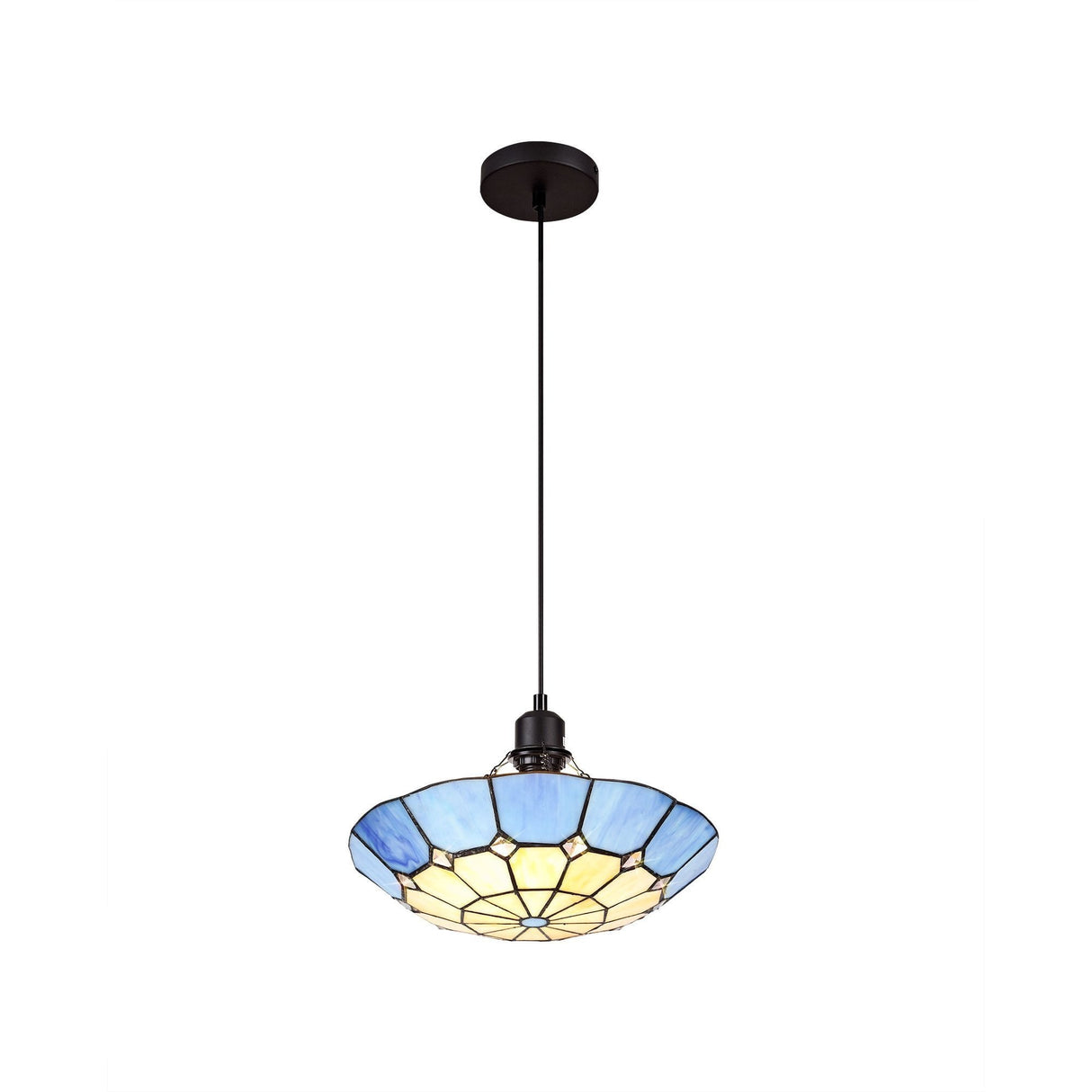 Tiffany Style Pendant Light with Rich Blue and Cream Shade, Antique Brass Trim, and Crystal Accent