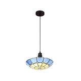 Tiffany Style Pendant Light with Rich Blue and Cream Shade, Antique Brass Trim, and Crystal Accent