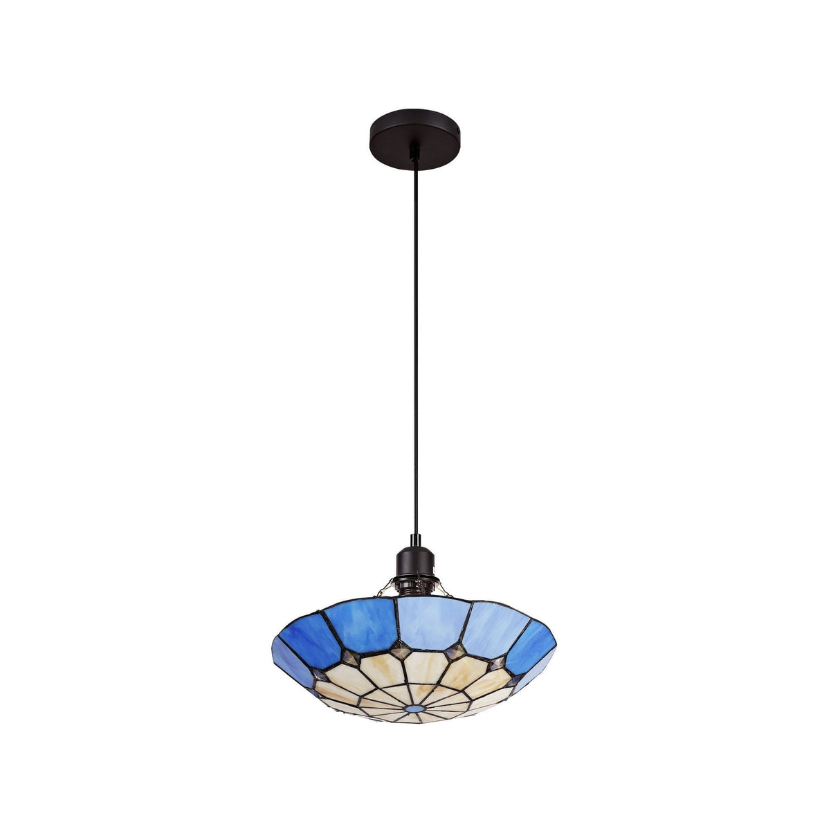 Tiffany Style Pendant Light with Rich Blue and Cream Shade, Antique Brass Trim, and Crystal Accent