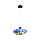 Tiffany Style Pendant Light with Rich Blue and Cream Shade, Antique Brass Trim, and Crystal Accent