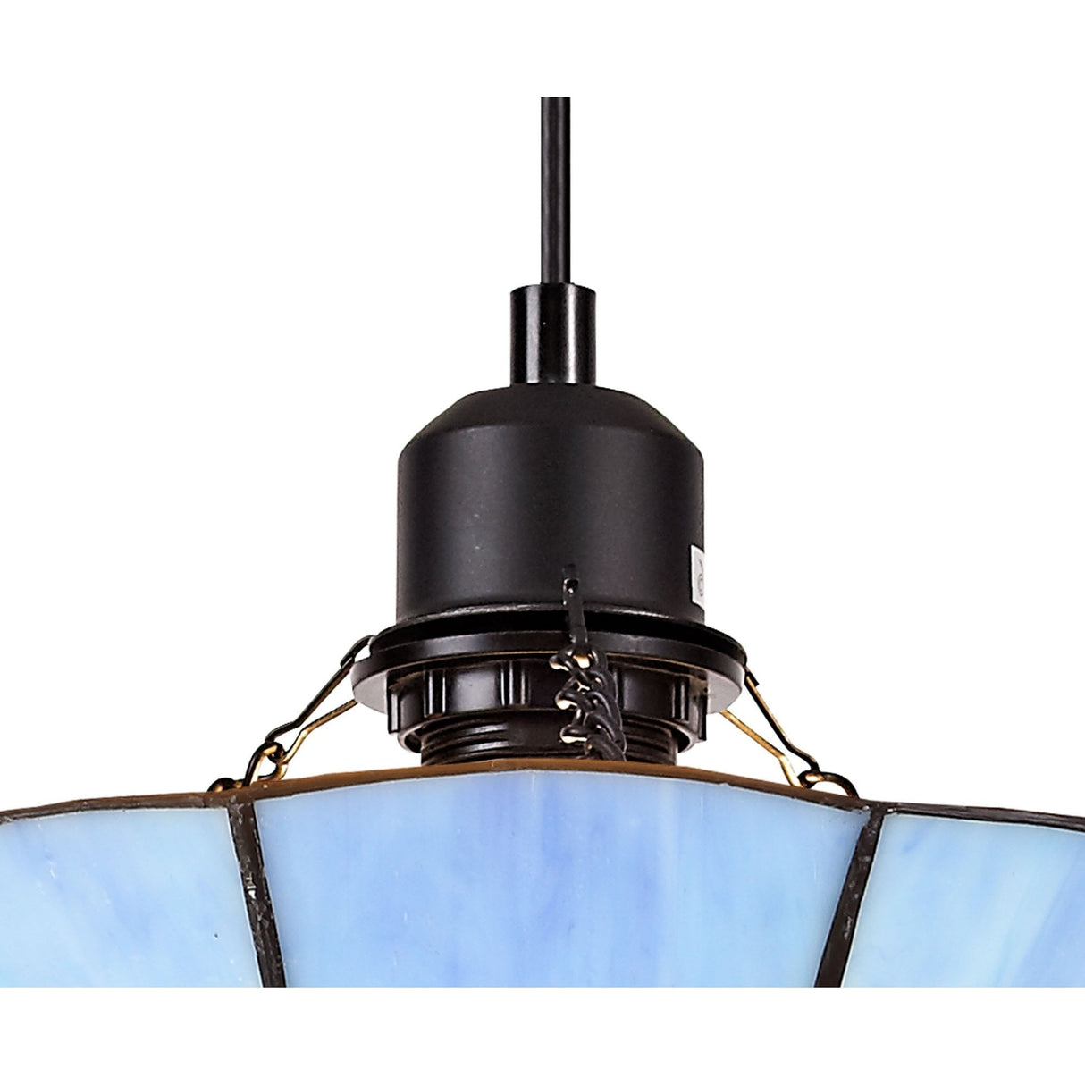 Tiffany Style Pendant Light with Rich Blue and Cream Shade, Antique Brass Trim, and Crystal Accent