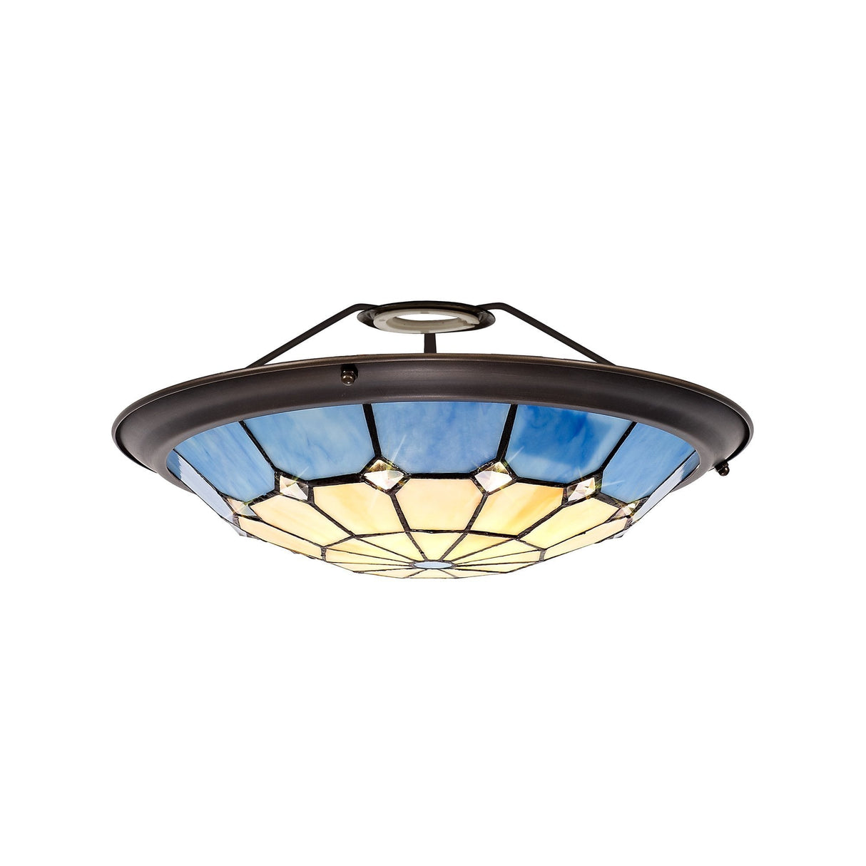 Tiffany Style Pendant Light with Rich Blue and Cream Shade, Antique Brass Trim, and Crystal Accent