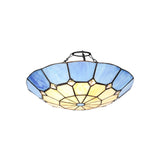 Tiffany Style Pendant Light with Rich Blue and Cream Shade, Antique Brass Trim, and Crystal Accent