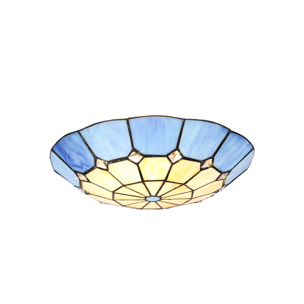 Tiffany Style Pendant Light with Rich Blue and Cream Shade, Antique Brass Trim, and Crystal Accent