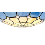 Tiffany Style Pendant Light with Rich Blue and Cream Shade, Antique Brass Trim, and Crystal Accent