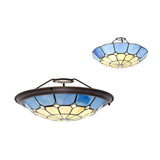 Tiffany Style Pendant Light with Rich Blue and Cream Shade, Antique Brass Trim, and Crystal Accent