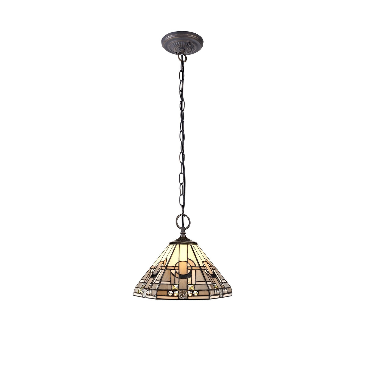 Elegant Two-Light Tiffany Pendant with Antique Brass and Crystal Accents