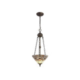 Antique Brass Two-Light Pendant with 30cm Tiffany Inspired Grey/White Shade and Clear Crystal Accents