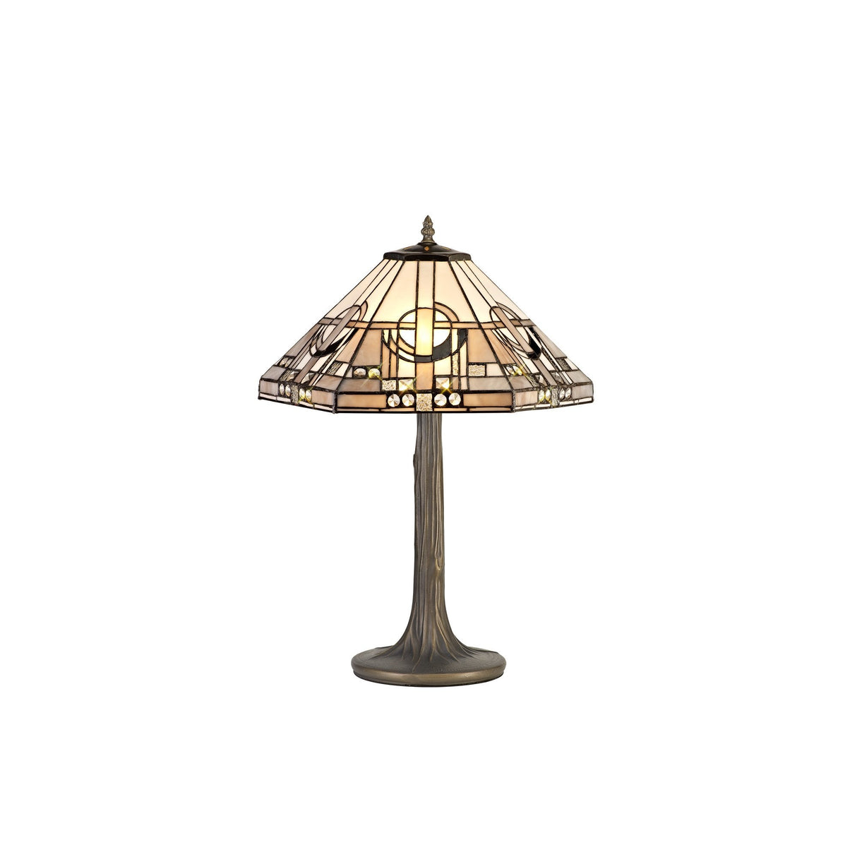 Elegant Antique Brass Table Lamp with Dual Tiffany-Style Shades and Crystal Accents